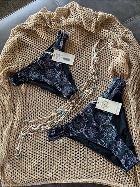 (2) Ramy Brook Black Bikini Bottoms with Pink and Light Blue Pattern